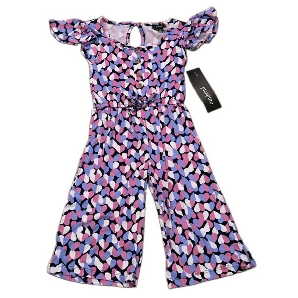 Picapino Girls Heart Print Short Sleeve Jumpsuit One Piece w/ Bow - Size 3T